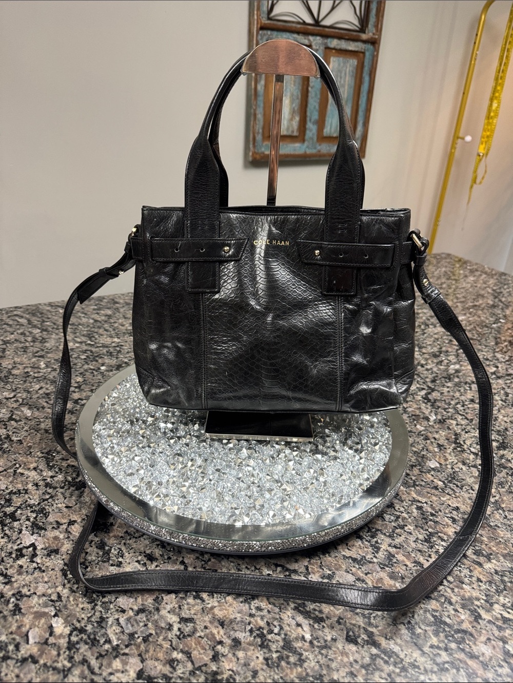 Cole Haan Black Leather embossed satchel tote with Crossbody Strap